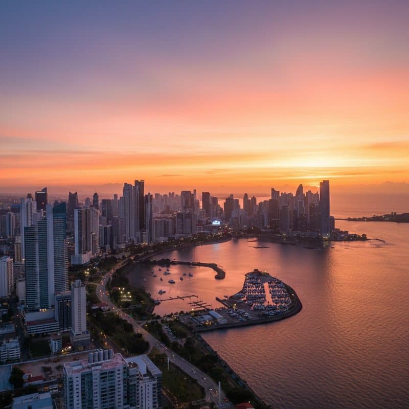 Panama Bay sunset aerial
