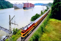 Panama Canal railway and ship traffic
